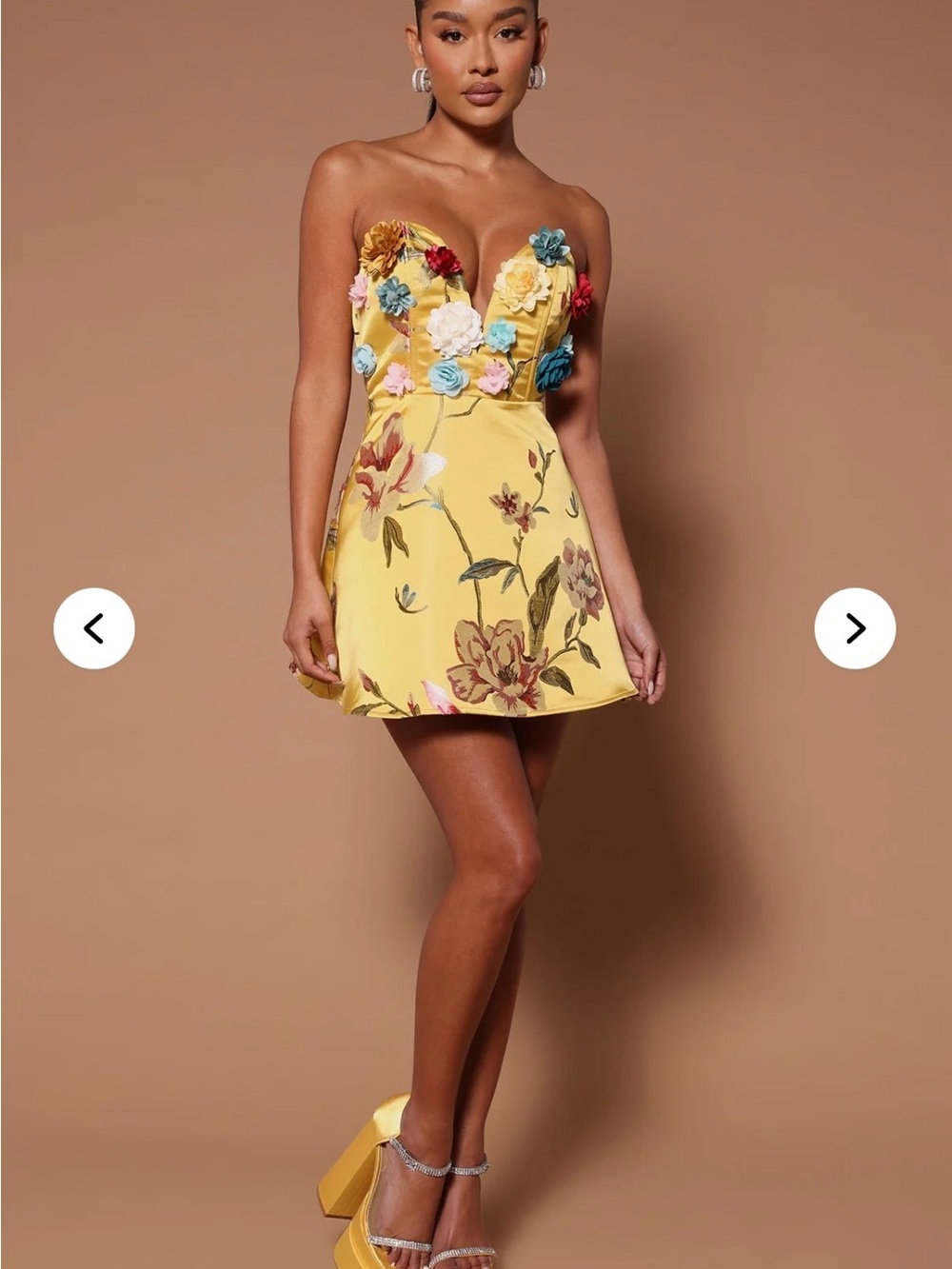 BNWT Fashon Nova Luxe Teresa Embroidered Floral Mini Dress in Yellow Gold. M